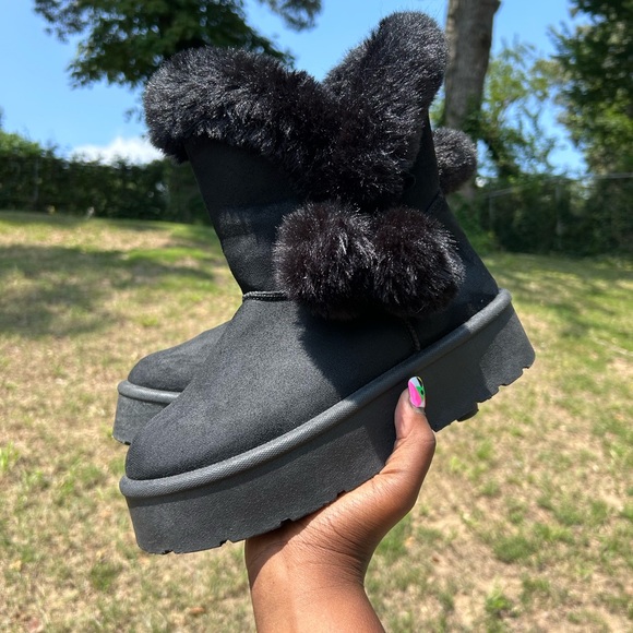 Faux Fur Lined Pom Pom Boots Black Suede - Picture 1 of 10